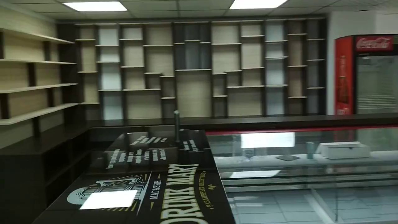Магазин внутри: стеллажная стена, стойка, холодильник