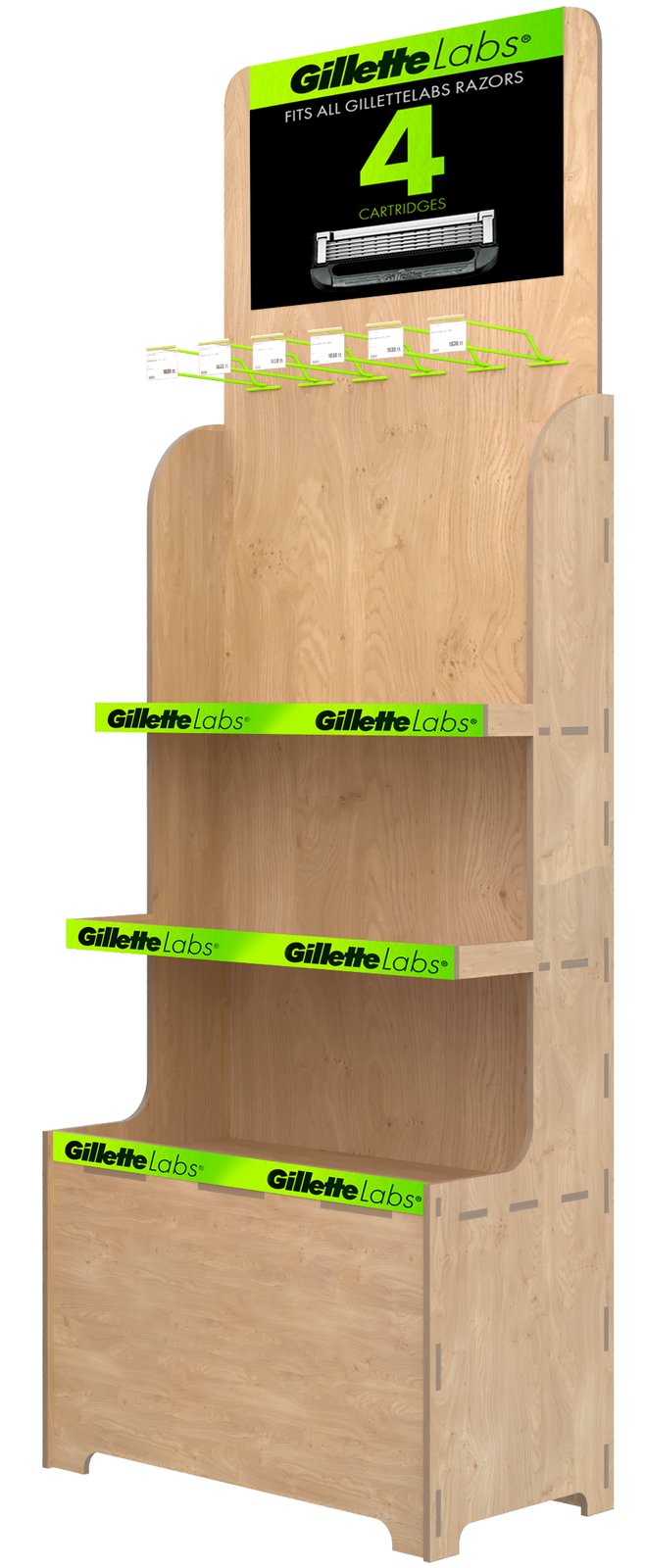 Визуализация проекта: дисплей Gillette с полками из фанеры