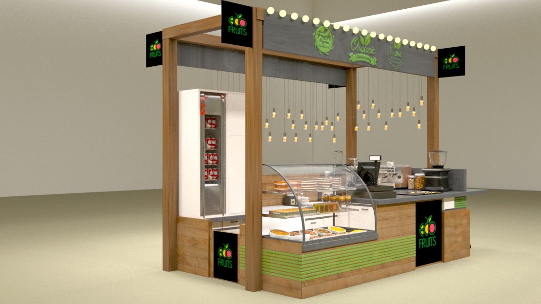 Рендер торгового острова EcoFruits с деревянным каркасом
